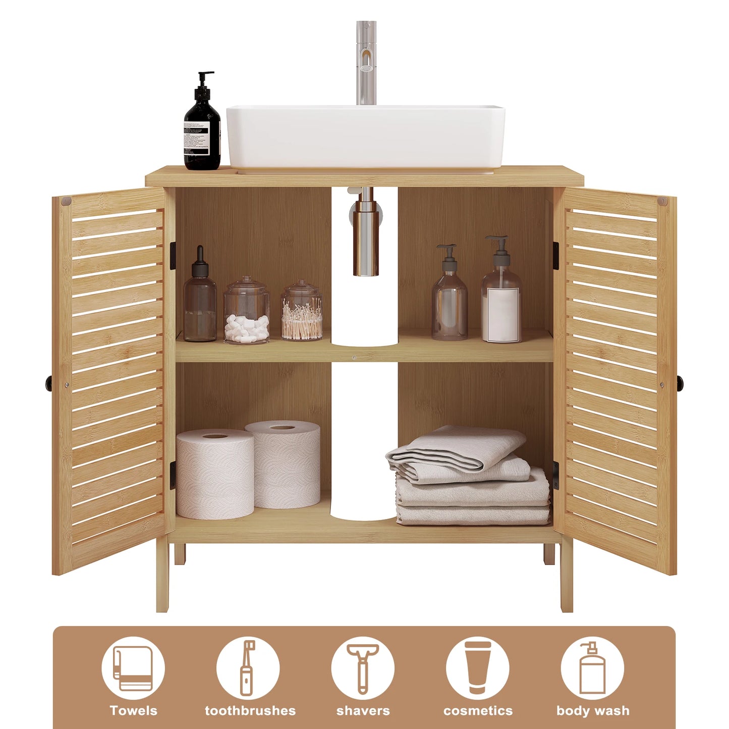 No-EN-Name-Null Modern Beige-Brown Bamboo Wood Two Door Adjustable Shelves Metal Accessories Sink Bathroom Cabinets /Colors-Brown/Beige/Sizes: 60x30x60cm