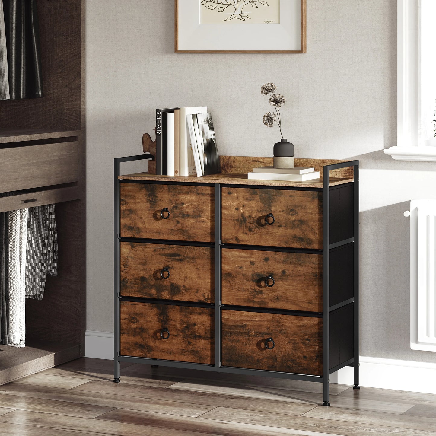WOLTU Modern Rectangle Shaped Rustic Brown-Black Metal Frame Anti-Tilt Protection MDF Wood Storage Chest Adjustable Non-Slip Foot Gliders Six Non-Woven Fabric Drawers/Colors-Brown/Black/White