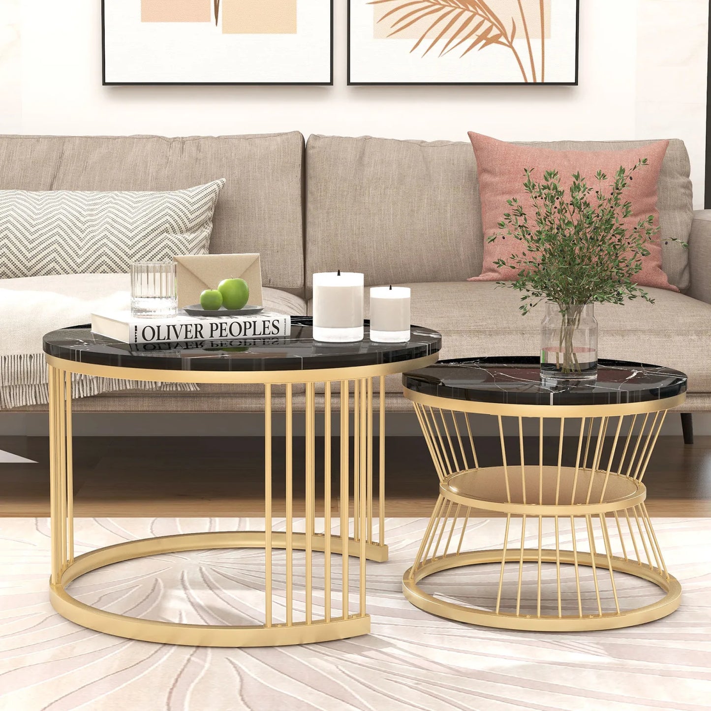 COMANLAI 2 PCS Modern Round High-Gloss White Marble Gray Veins Veneer Top Gold Metal Frame Base Nesting Coffee Table Sets/Colors-Gold-Black/Gold-White