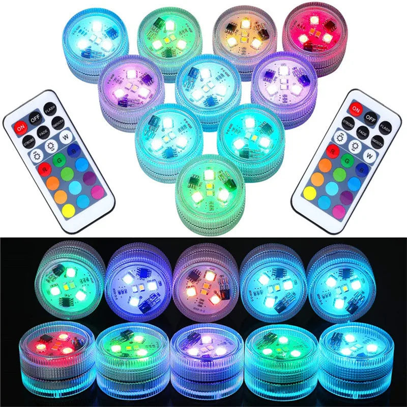 WHATOOK Outdoor Waterproof Remote Control Clear Multicolor Round Shaped Plastic Body Warm White 5 LED Bulbs Battery Powered RGB Submersible Underwater Swimming Pool Floating-Submersible Lights