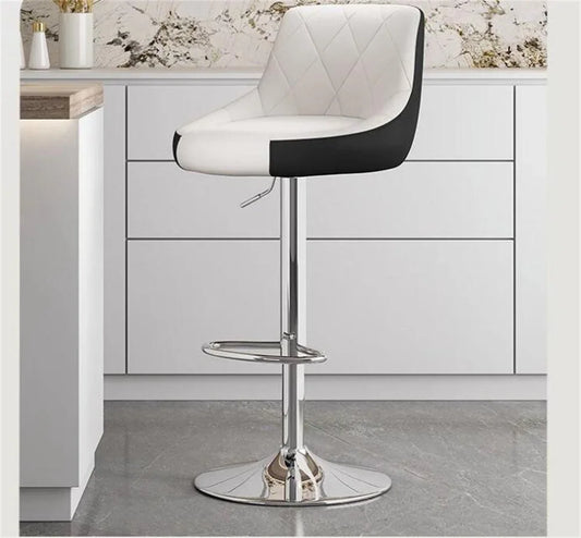 A-Z PLAZA STORE Modern Rotating Half Back Armless Upholstered Padding High Swivel Faux White-Black Leather Fabric Cushion Metal Base Height Adjustable Bar Stools /Size: 41 x 41 x 35-102cm