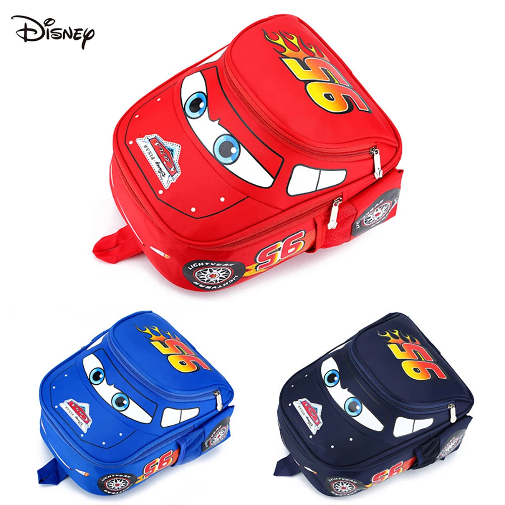 MINISO Kids Kindergarten Cute Cartoon Disney CARS Movies-TV Design Double Zippers Anti-Splashing Waterproof Red-Blue Nylon Fabric Shoulder Straps Exterior Pockets Side Water Bottle Holder School Backpacks