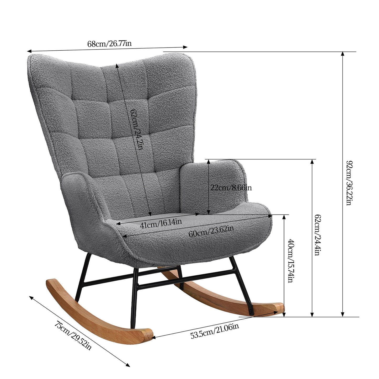 COMANLAI Indoor-Outdoor Modern Soft Comfortable Gray Teddy Bear Velvet Upholstered Padded Fabric High Backrest-Armrests Metal Bottom Frame-Two Wood Feet Classic Rocking Chairs/Colors- Light Gray