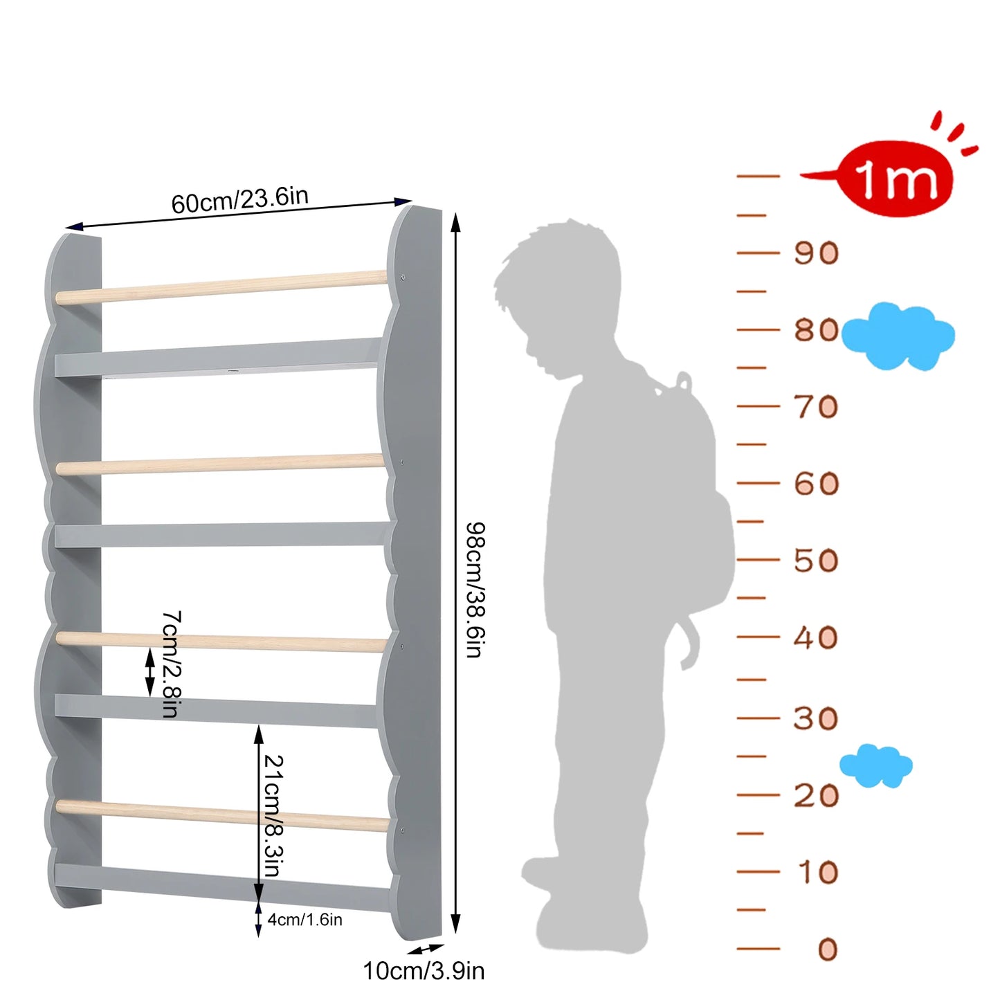 WOLTU Kids Modern Four-Open Display Shelves Eco-Friendly Water-Base Green Paint E1 Pine Wood Bars Wall-Mounted Rack Bookcases/Colors-White/Green/Gray/Ages: 3 Years Old And Older