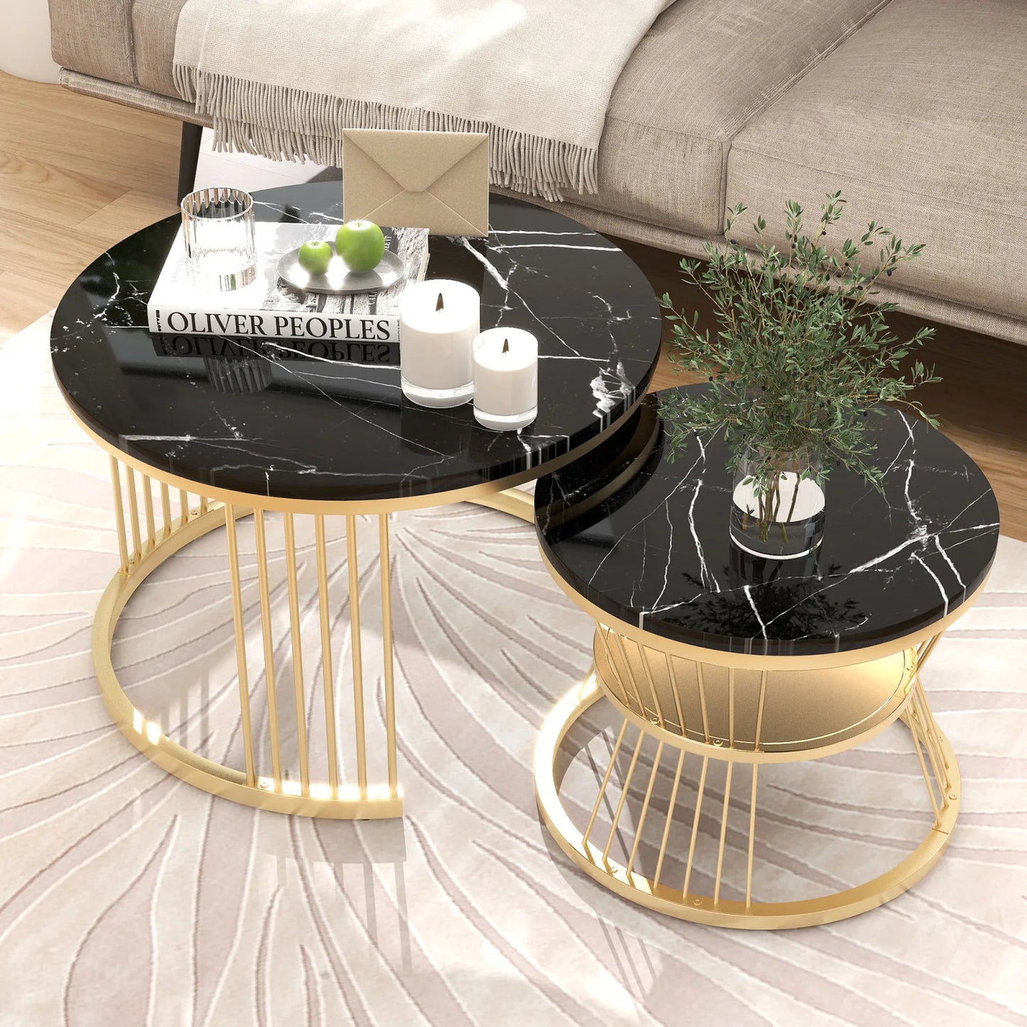 COMANLAI 2 PCS Modern Round High-Gloss White Marble Gray Veins Veneer Top Gold Metal Frame Base Nesting Coffee Table Sets/Colors-Gold-Black/Gold-White