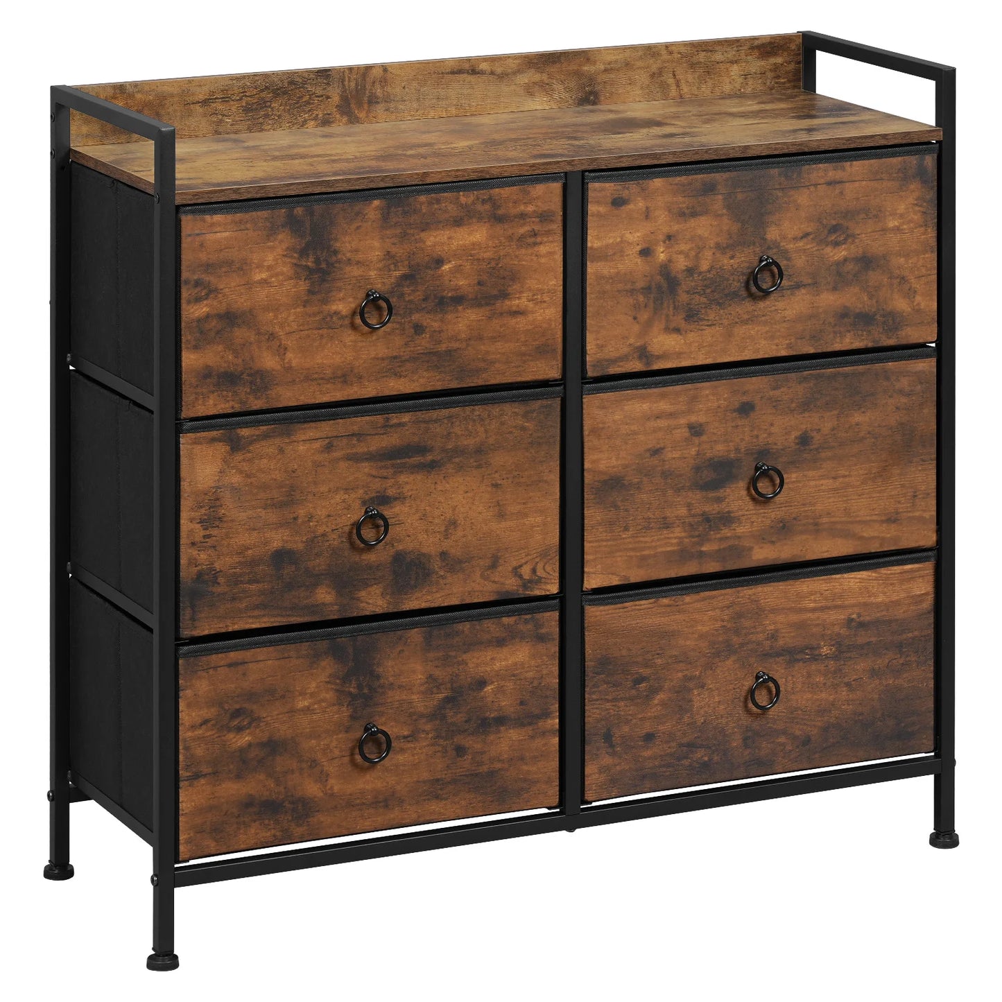 WOLTU Modern Rectangle Shaped Rustic Brown-Black Metal Frame Anti-Tilt Protection MDF Wood Storage Chest Adjustable Non-Slip Foot Gliders Six Non-Woven Fabric Drawers/Colors-Brown/Black/White