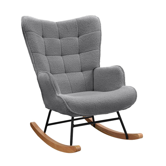 COMANLAI Indoor-Outdoor Modern Soft Comfortable Gray Teddy Bear Velvet Upholstered Padded Fabric High Backrest-Armrests Metal Bottom Frame-Two Wood Feet Classic Rocking Chairs/Colors- Light Gray