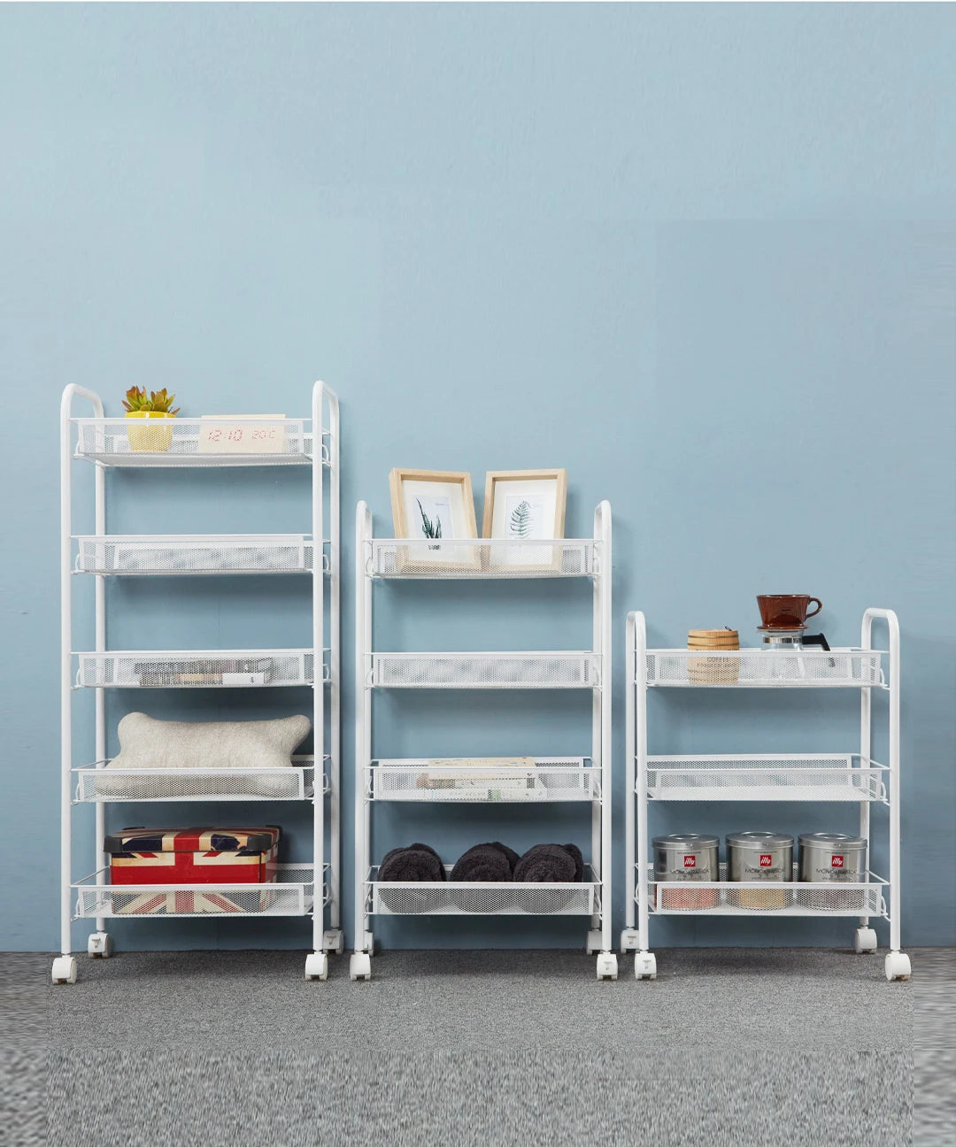 Modern White Iron Metal Multi-Layer Shelves Medical Push Handle Removable Racks Utility Carts/Sizes : 3-4-5 Shelves/4 White Plastic Locking Wheels/Hanging File Folders