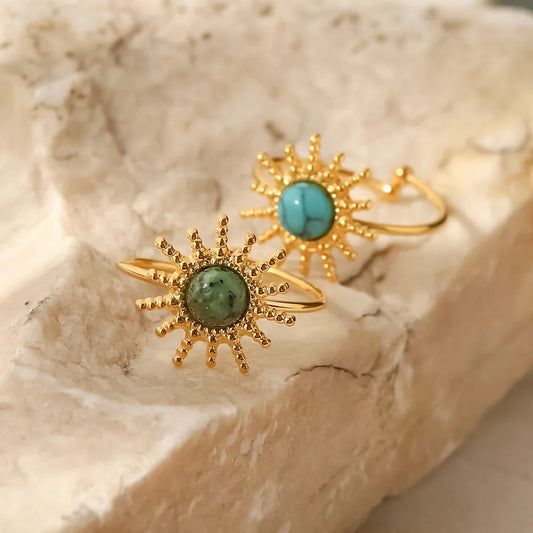 Adult Women Vintage Stainless Steel Anti-Scratch Geometric Natural Mood Tracker 18k PVD Gold-Plated Green Turquoise Stone Opening Rope Wedding Band Imitation Rings