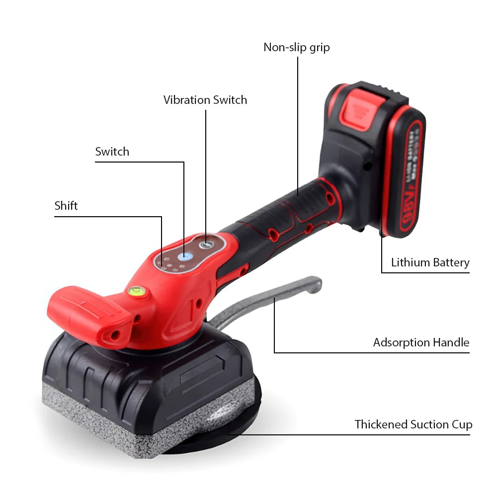 No-EN-Name-Null Outdoor Adjustable 5 Speed Gears Rechargeable Lithium-Ion Battery-Powered Red-Black Plastic Body Suction Cup Bottom Electric Leveling Floor Tile Machines Masonry Tools/ 1-Battery Charger/1-2 Lithium-Ion Batteries Optional /1-Cloth Bag