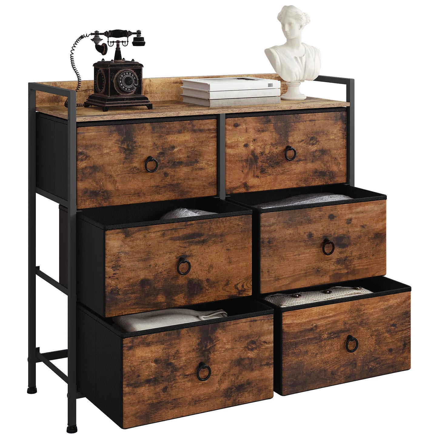 WOLTU Modern Rectangle Shaped Rustic Brown-Black Metal Frame Anti-Tilt Protection MDF Wood Storage Chest Adjustable Non-Slip Foot Gliders Six Non-Woven Fabric Drawers/Colors-Brown/Black/White