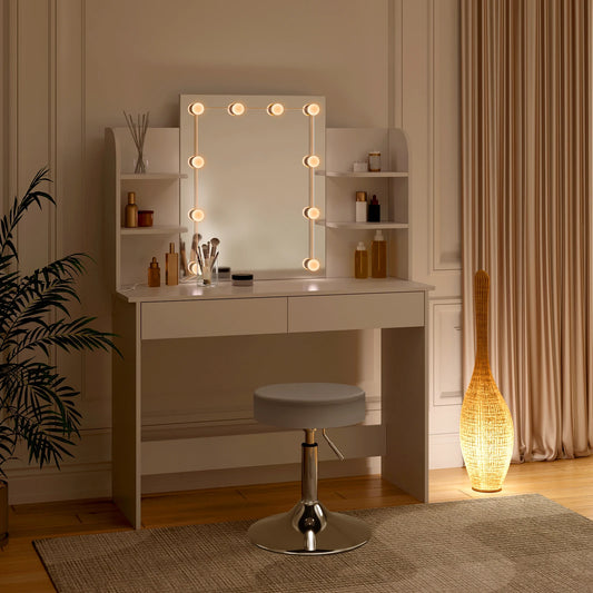 Wood White Vanity Dressing Table Set w/ LED Lighting for Stool/ Height-Adjustable Chair/  Table -108 x 142 x 40 cm (W x H x D)