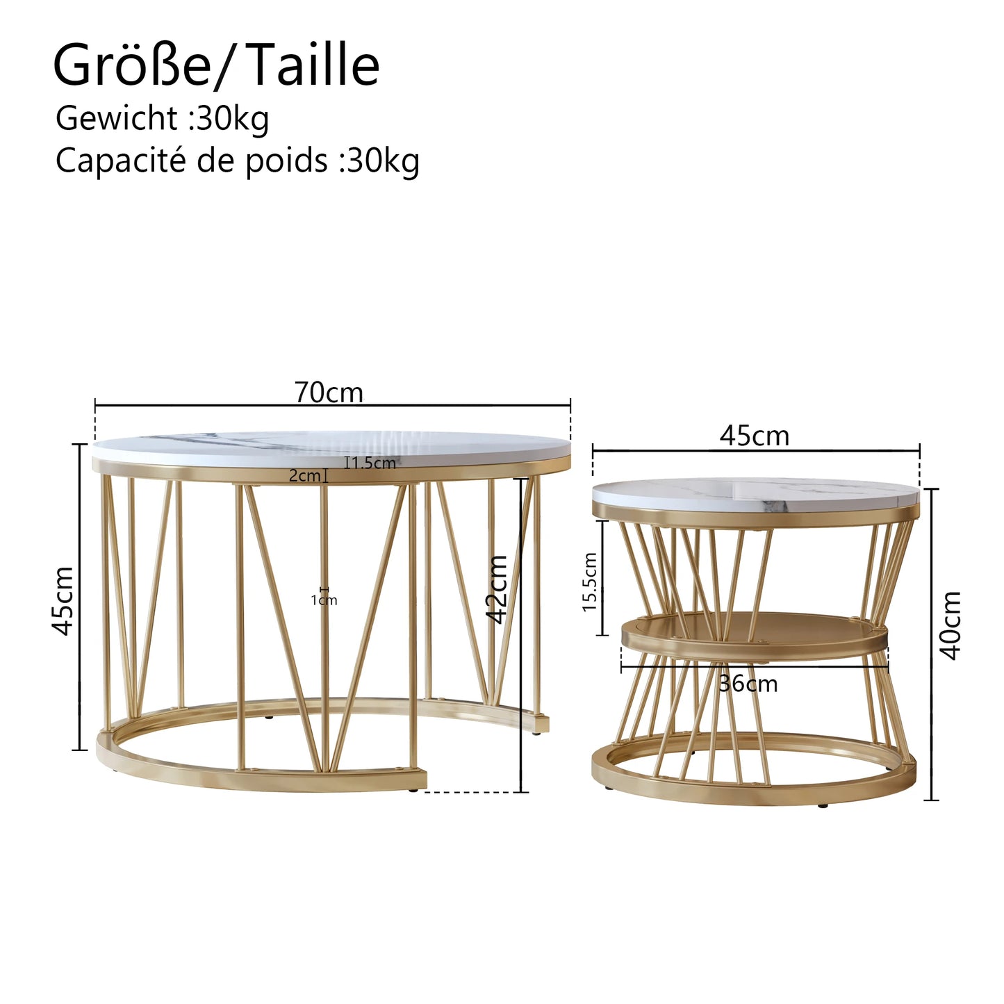COMANLAI 2 PCS Modern Round High-Gloss White Marble Gray Veins Veneer Top Gold Metal Frame Base Nesting Coffee Table Sets/Colors-Gold-Black/Gold-White