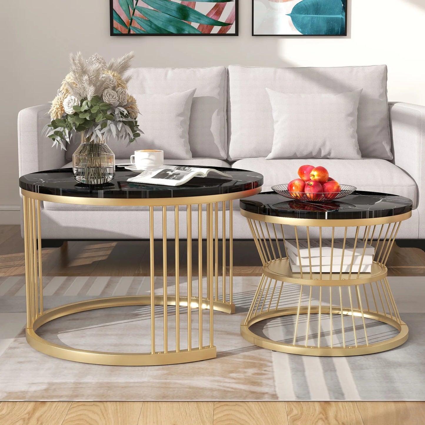 COMANLAI 2 PCS Modern Round High-Gloss White Marble Gray Veins Veneer Top Gold Metal Frame Base Nesting Coffee Table Sets/Colors-Gold-Black/Gold-White