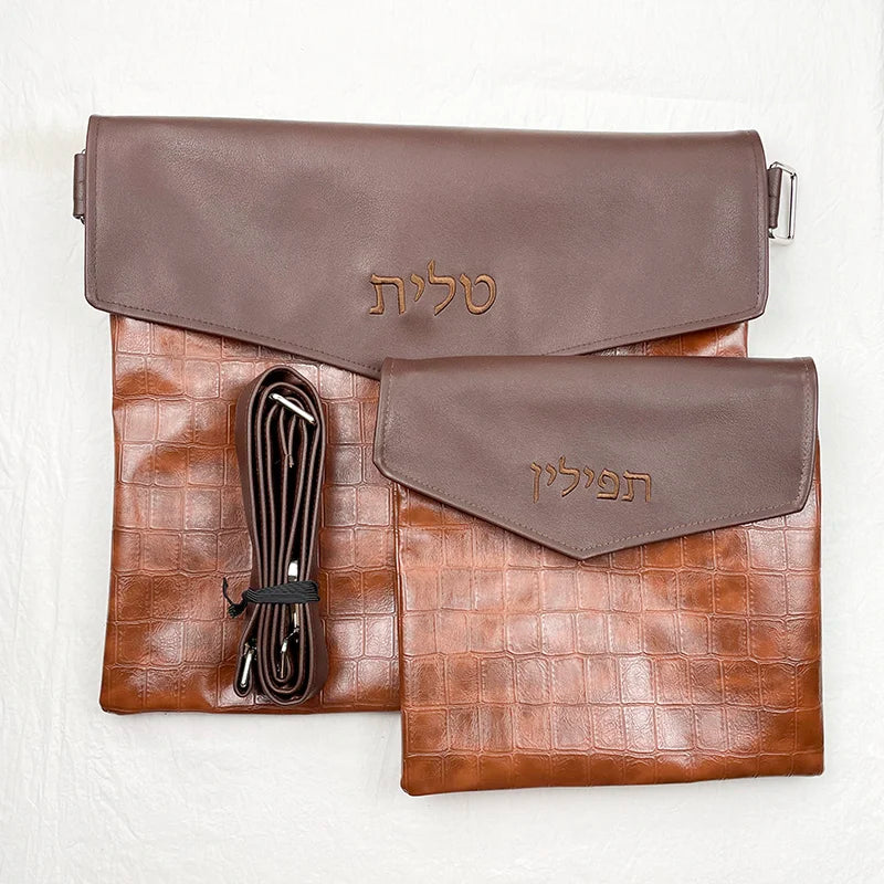 NULL Modern Brown Square Shaped Patchwork Faux Leather Fabric Satin Lining Zippered Tallit Bag-Tefillin Bag Detachable Shoulder Straps-Handles Jewish  Religious Item Briefcases Sets/Jewish Prayer Shawl Included Colors-Black/Navy/Plain Brown/Brown/Gray