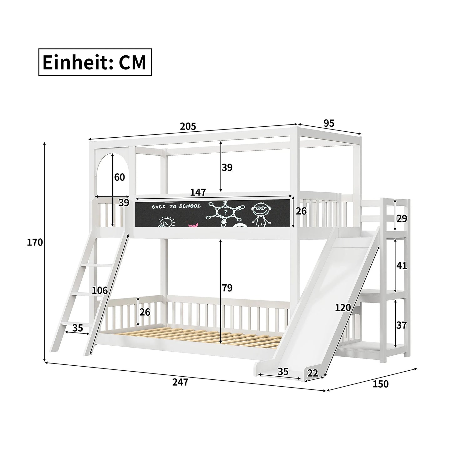 COMANLAI White-Gray Solid Wood Safety Boards Metal Frame Double Bunk Beds /Ladder Stairs/Slides/Chalk Board/Bed Sizes: Single-Double-Twin/Slats-Headboards included/Storage Options