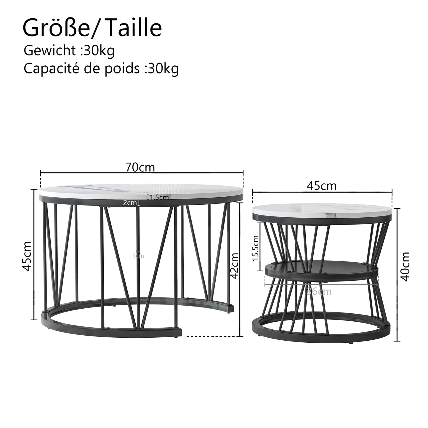 COMANLAI 2 PCS Modern Round High-Gloss White Marble Gray Veins Veneer Top Gold Metal Frame Base Nesting Coffee Table Sets/Colors-Gold-Black/Gold-White
