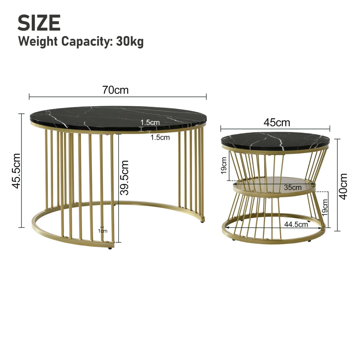 COMANLAI 2 PCS Modern Round High-Gloss White Marble Gray Veins Veneer Top Gold Metal Frame Base Nesting Coffee Table Sets/Colors-Gold-Black/Gold-White