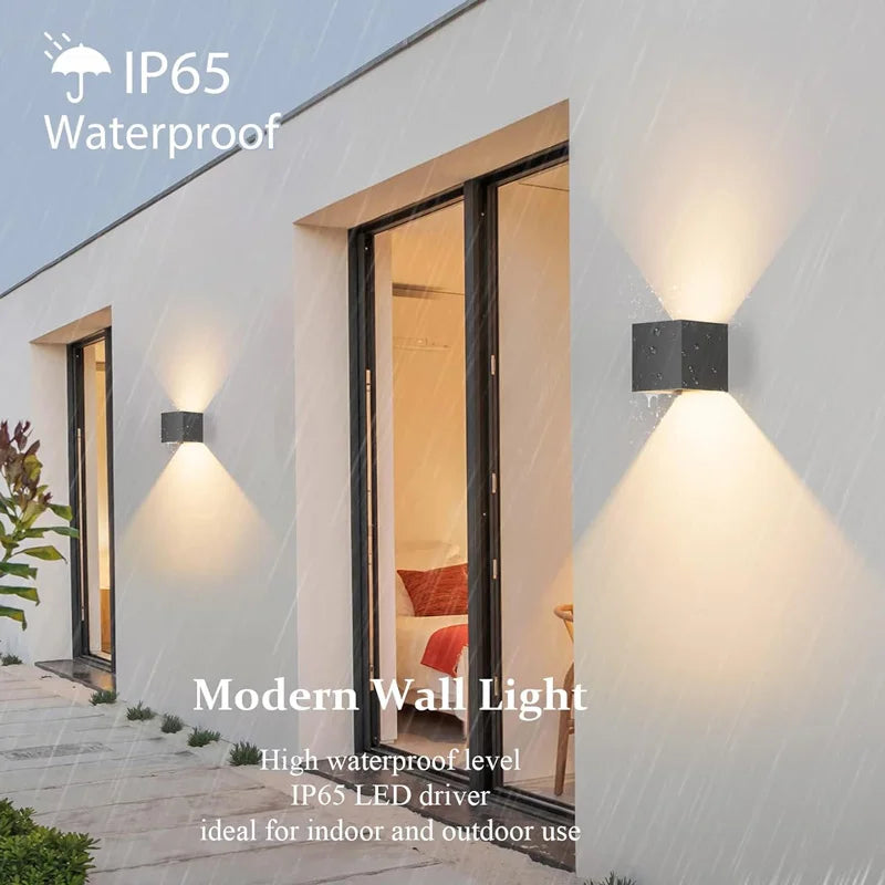 ERTIMELED Modern Outdoor-Indoor Waterproof Black Square Aluminum Metal Box Shaped Tempered Glass Adjustable Warm-Cool White LED Lights Up-Down Wall Light Fixtures /Bulbs Included