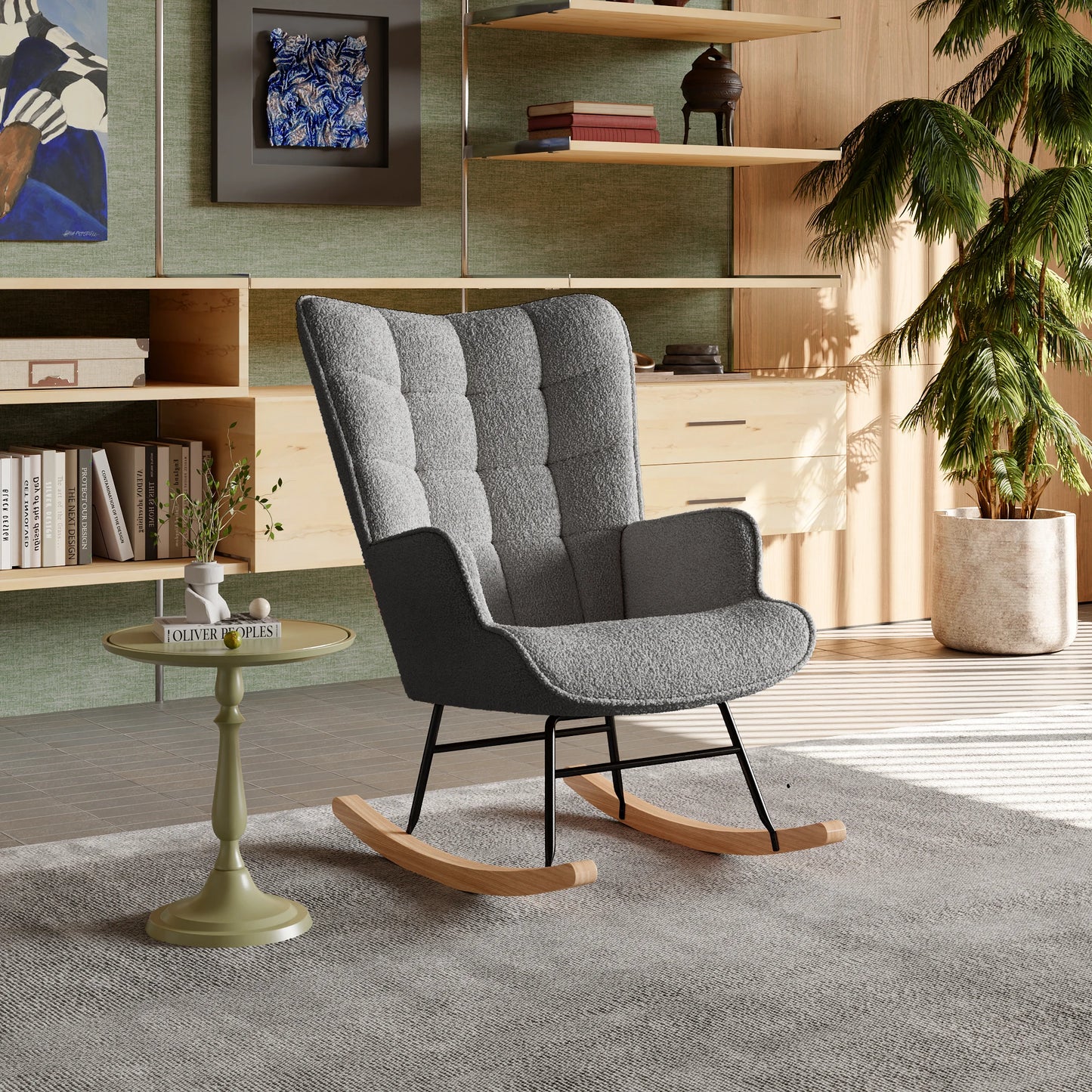 COMANLAI Indoor-Outdoor Modern Soft Comfortable Gray Teddy Bear Velvet Upholstered Padded Fabric High Backrest-Armrests Metal Bottom Frame-Two Wood Feet Classic Rocking Chairs/Colors- Light Gray