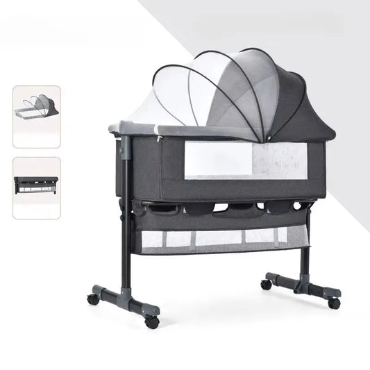 Babies-Toddlers Portable Metal Frame Adjustable Height Button Control Swinging Thick Linen Fabric Meshed Top-Sides Large Bassinet Cradle Beds/Colors-Gray/Beige/Black/White/Brown/Multicolor/Ages: 6 Months-2 Years Old