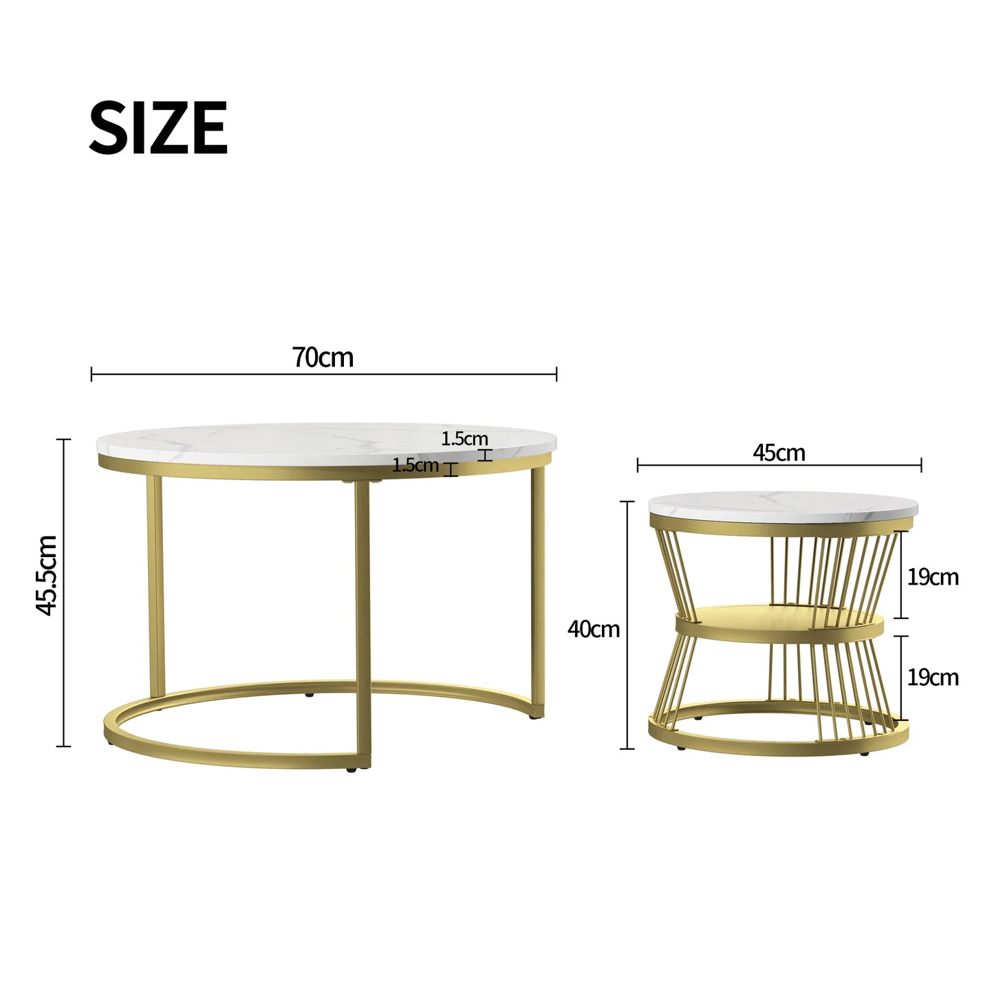 COMANLAI 2 PCS Modern Round High-Gloss White Marble Gray Veins Veneer Top Gold Metal Frame Base Nesting Coffee Table Sets/Colors-Gold-Black/Gold-White