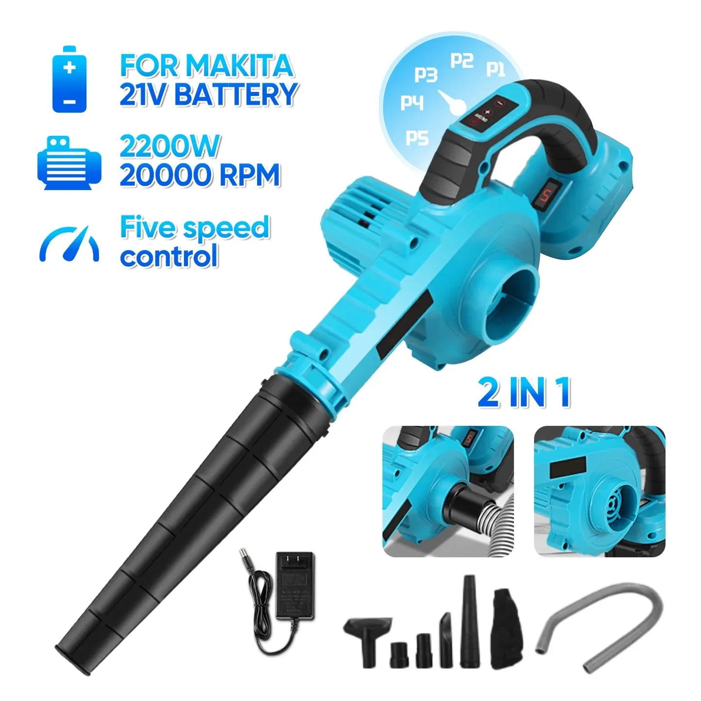 21V Cordless Electric Air Blower&Suction Leaf 2 in1 5 Speed Computer Dust Cleaner Collector Power Tools For Makita 18V Battery