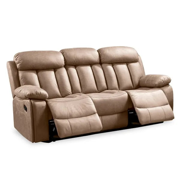 No-EN-Name-Null  Beige 3-Seater Iron Metal Frame-Solid Eucalyptus Wood Upholstered Padded Soft Velvet Jade Fabric Cushions Two Reclining Chair Sofas/ Colors-Beige/Gray/Brown/Green/Size: 101cm H x 97cm D 208cm W