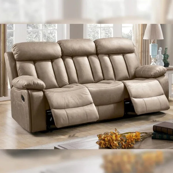 No-EN-Name-Null  Beige 3-Seater Iron Metal Frame-Solid Eucalyptus Wood Upholstered Padded Soft Velvet Jade Fabric Cushions Two Reclining Chair Sofas/ Colors-Beige/Gray/Brown/Green/Size: 101cm H x 97cm D 208cm W