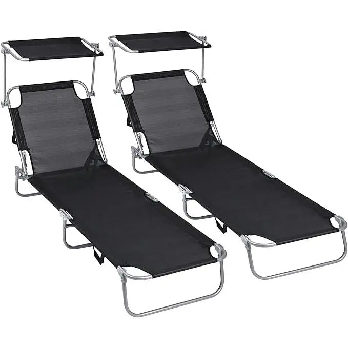 No-EN-Name-Null Outdoor-Indoor Modern 2 PCS T-LOVENDO Rectangle Black-Gray Woven Texthylene Fabric Metal Frame Reclining Five Positions Foldable Sunshade Visor Beach Sun Loungers Sets/Weight Max 150kg