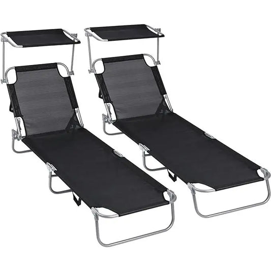 No-EN-Name-Null Outdoor-Indoor Modern 2 PCS T-LOVENDO Rectangle Black-Gray Woven Texthylene Fabric Metal Frame Reclining Five Positions Foldable Sunshade Visor Beach Sun Loungers Sets/Weight Max 150kg
