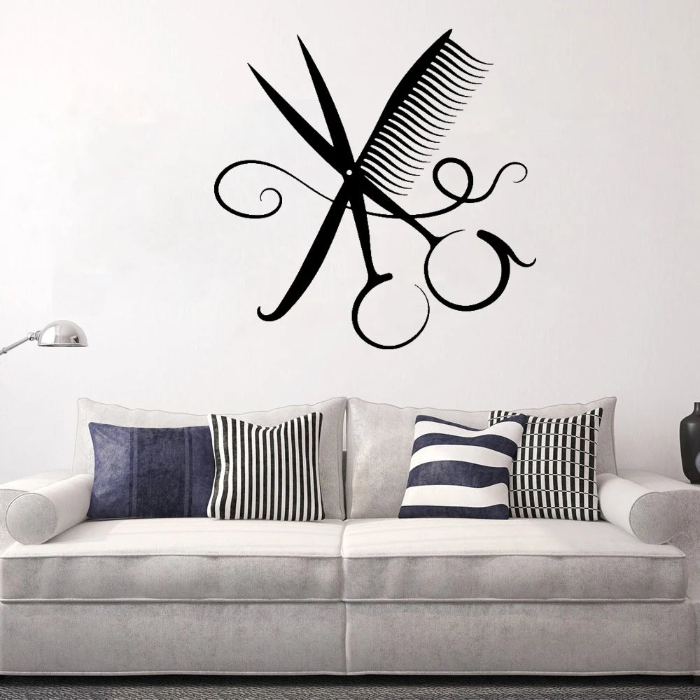 No-EN-Name-Null Modern Fashion Matte Black Vinyl Scissor-Comb Barber Shop Wall Art Home Decor Decals/Colors-Black/Red/Multicolor