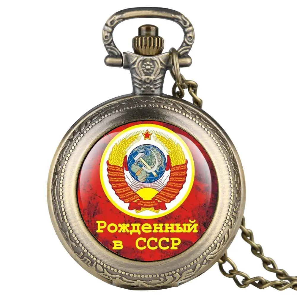 YISUYA Unisex Adults Quartz Movement Flip-Out Round Analog Display Acrylic Face Gold Russia Red Emblem Communism USSR Soviet Badges Sickle-Hammer Stainless Steel Metal Chain-Pocket Watches/ Colors-Gold/Bronze/Black/Silver