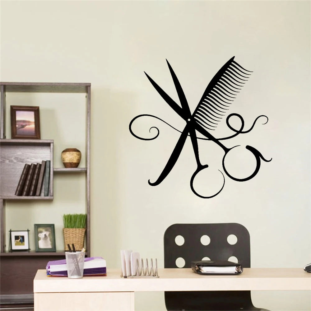 No-EN-Name-Null Modern Fashion Matte Black Vinyl Scissor-Comb Barber Shop Wall Art Home Decor Decals/Colors-Black/Red/Multicolor