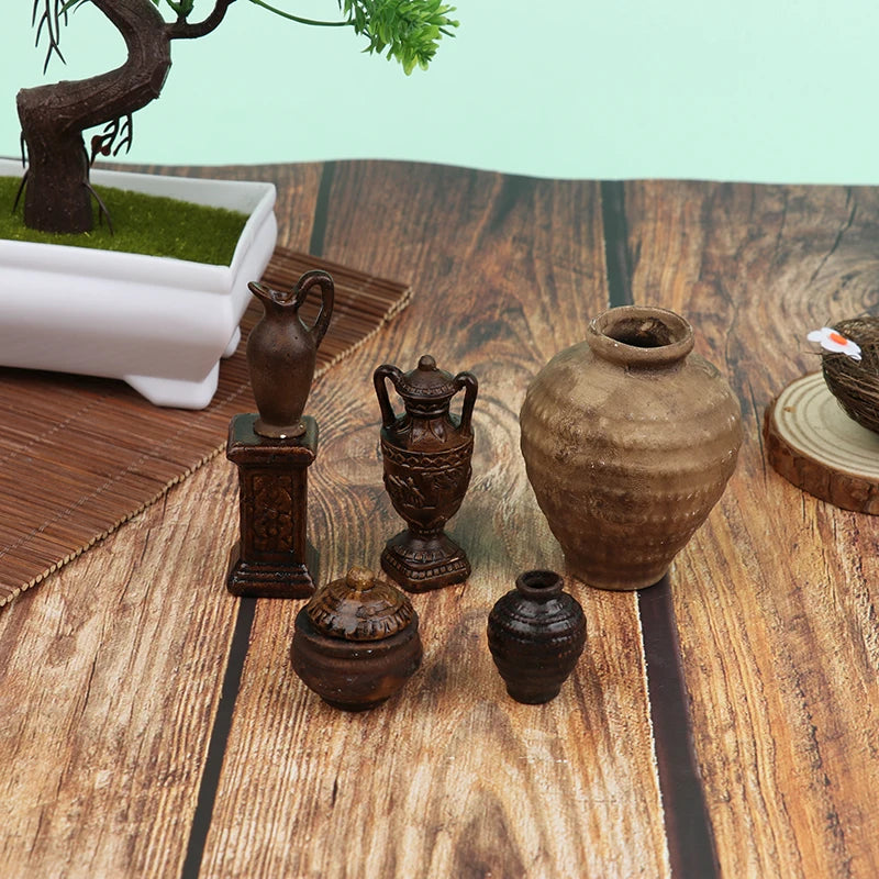No-EN-Name-Null Kids Mini Brown-Beige Dollhouse Porcelain Ceramic Floral Flower Pots Dollhouse Accessories /Ages: 3-12 Years Old