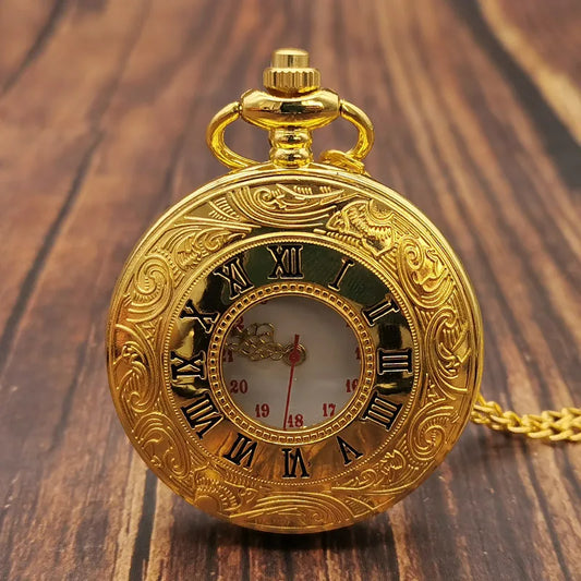 SHUHANG Adults Quartz Digital-Analog Display Plastic Face Gold-Black Round Shaped Stainless Steel Metal Case Hallow-Out Roman Numerals Pendant Chain-Pocket Watches
