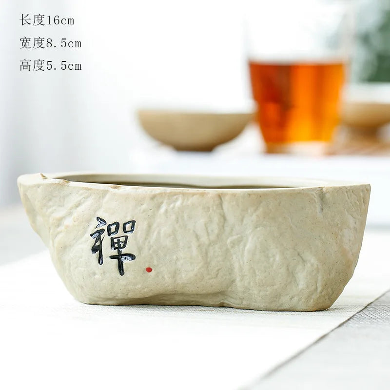 Home Garden Round Glazed Ceramic Beige-Green Color Black Chinese Writing Design Non-Porous Perforated Desktop Flower Pots