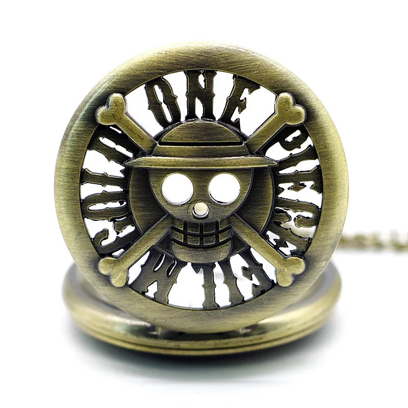 SHUHANG Adults Antique Quartz Analog Display Round Bronze-Silver Stainless Steel Metal Case Plastic Face Japanese Cartoon Pirate Hat-Skull-Crossbones-One Piece Film Gold Theme Sweater Chain-Pocket Watches