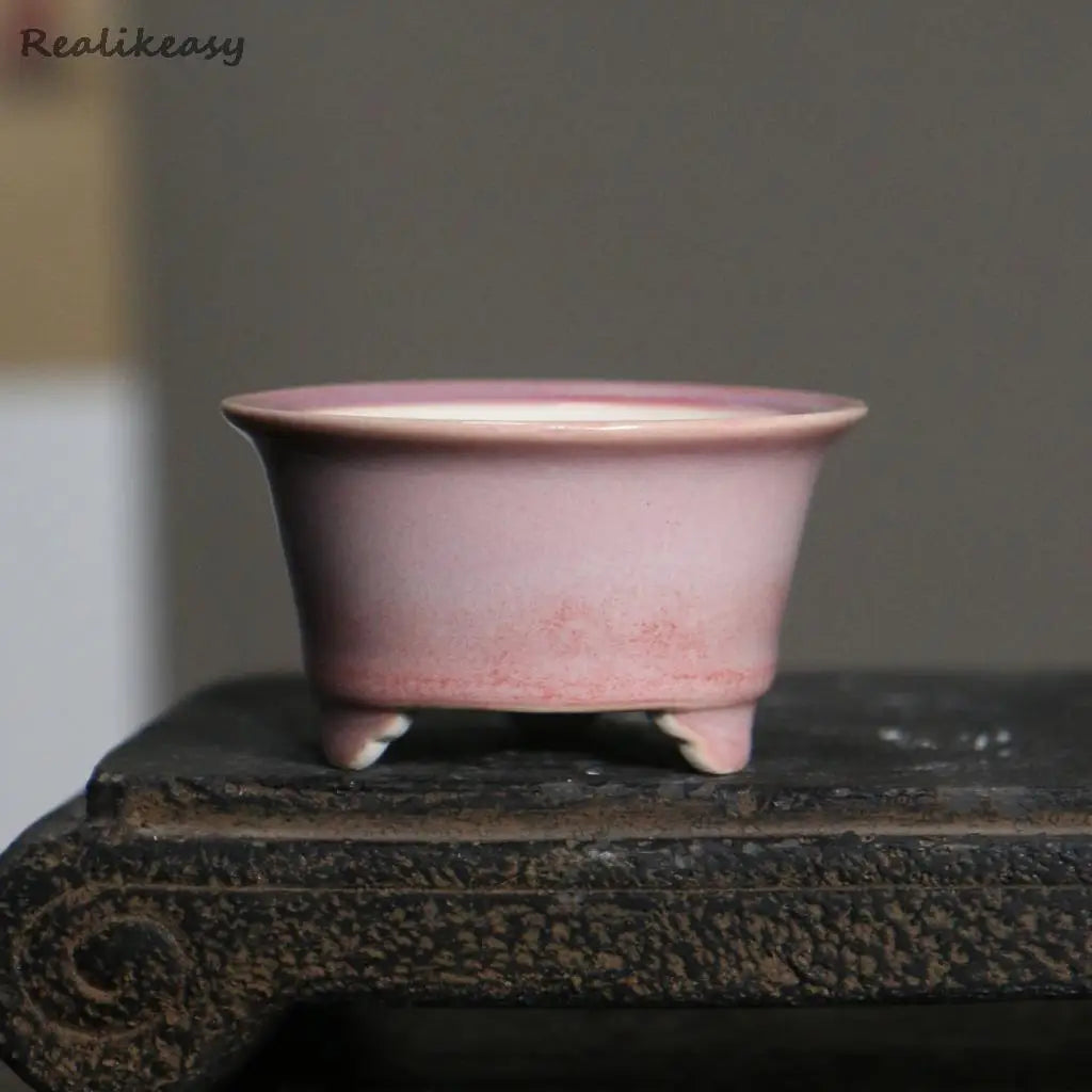 REALIKEASY Chinese Glazed Ceramic Mini Purple Round Shaped Bonsai Desktop Floral Flower Pots/Colors-Purple/Black/Pink/Red/White/Blue/Yellow