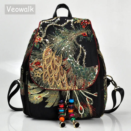 Veowalk Women Vintage Embroidered Peacock Sequins Zipper Polyester Canvas Backpacks/Detachable Strays-Handle/Colors-Black/Red/Blue