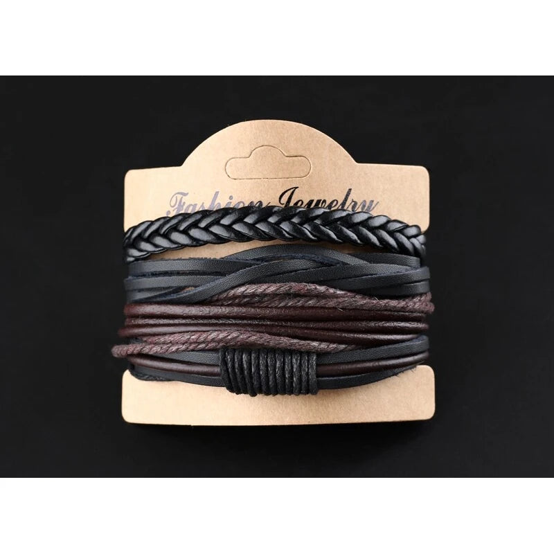 LIUJUN 4 PCS Adult Men Vintage Imitation Geometric Black-Brown Multilayer Rope Chain Woven Beaded Cord Leather Lace-Up Clasp Round Bracelets Sets