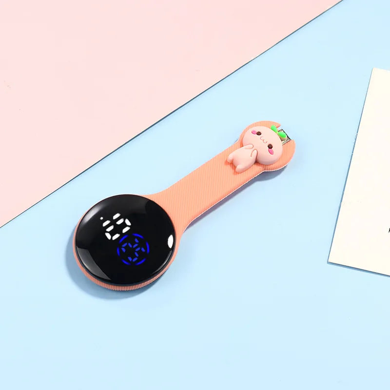 MINISO Adult Women Digital Display Plastic Round Case Cute Cartoon Anime Characters Nurse-Doctor Silicone Covered LED Light Fob On Back Metal Hook Pocket Watches/Colors-Pink/Light Pink/Yellow/White/Black/Purple/Green