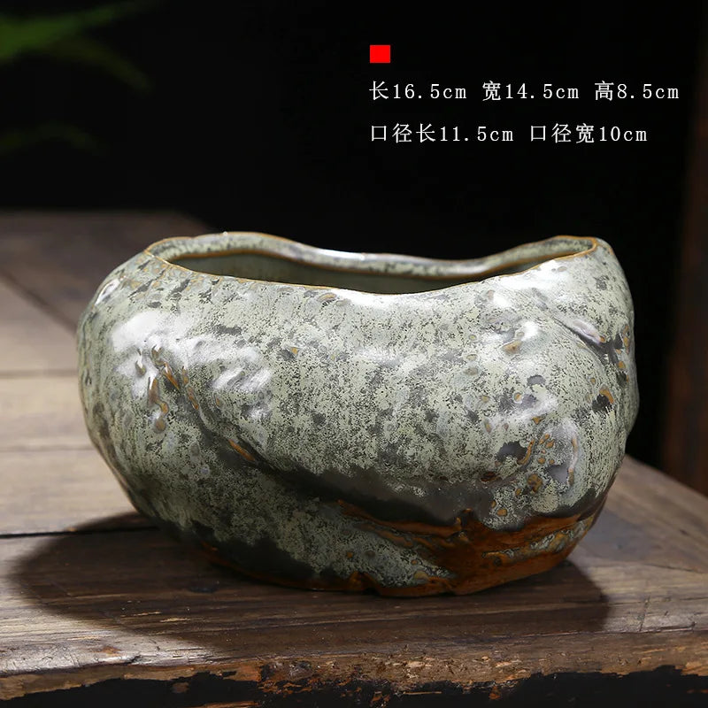 No-EN-Name-Null Indoor Glazed Gray-Green Ceramic Round Shaped Desktop Rustic Flower Pots Planters
