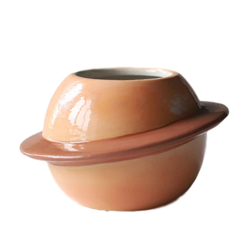 No-EN-Name-Null Glazed Mini Brown Porcelain Ceramic Succulent Round Mouth Creative Cute Cartoon Smiling Eyes-Nose Saturn Planet Shaped Desktop Flowerpots Planters /Colors-Dots/Beige/White/Blue/Brown/Multicolor