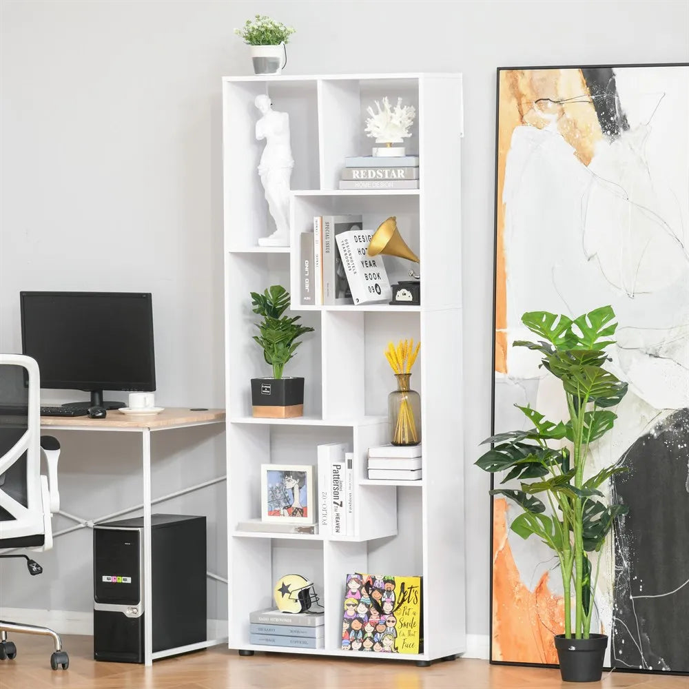 HOMCOM Modern White-Brown E1 Particle Board-Melamine Smooth Surface Eight Shelves Vertical Free-Standing Anti-Toppling Device Anti-Slip-Protective Feet Bedroom-Living Room Modular Bookcases /Sizes: 70X24X178cm