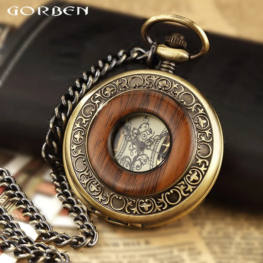 GORBEN Adults Unisex Antique Quartz Hand Winding Roman Numeral Bronze Round Shaped Stainless Steel Metal Case Acrylic Face Hollow-Out Solid Wood Steampunk Skeleton Dial Mechanical Chain-Pocket Watches