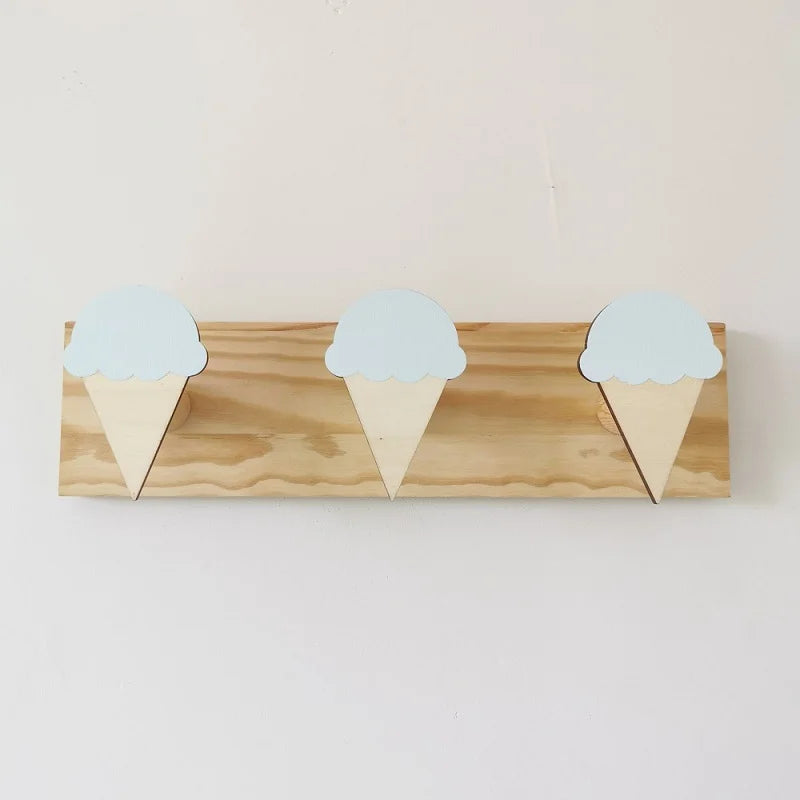 Girls Wood Cartoon Animal Rabbits-Ice Cream-Fairies 3 Hooks Wall Mounted Coat Rack