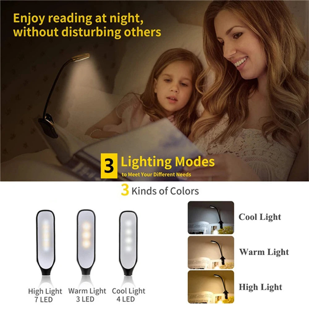 No-EN-Name-Null Mini Portable Warm-Cool White Seven LED Reading Light White-Black Rectangle Plastic Head Flexible Neck Micro USB Cable Built-In Rechargeable Lithium Battery 3-Level Brightness Strong Non-Slip Clamp-On Book Lights /Battery  Included