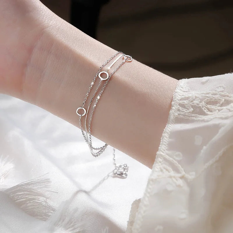 VENTFILLE Adult Women Fine Imitation Sterling Silver-Plated Metal Three-Layers Round O Rings Shaped Chain Charms Bracelets