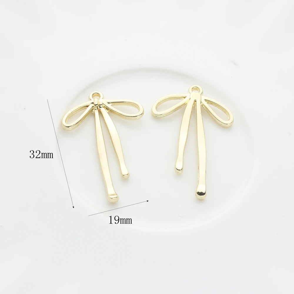 MIZUKAGAMI Adults Fine Imitation DIY Charm Base 6 PCS Bag Of Gold-Plated Brown Metal Alloy Classic Long Hollow Bow Charms-Pendants